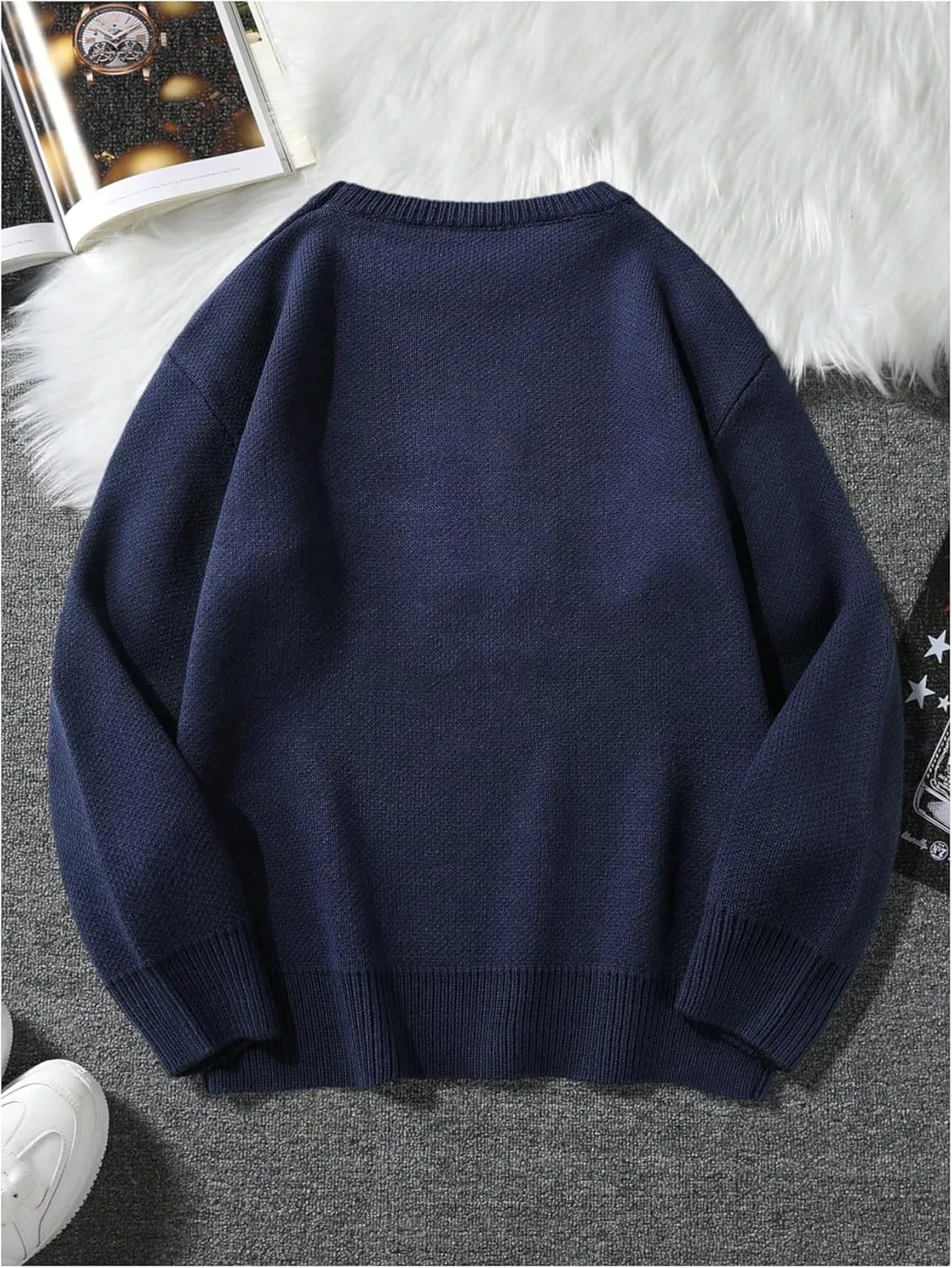 SHENHE Men's Oversized Crew Neck Cute Bear Sweater Vintage Unisex Preppy Sweater Jumper