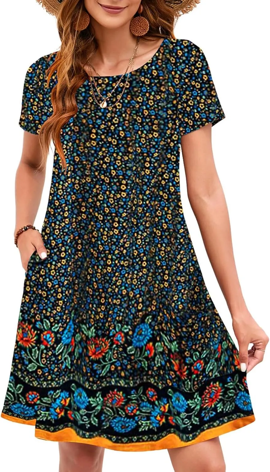 Sherosa Women's Summer Dresses 2025 Beach Boho Sundress Short Sleeve Loose Casual Tshirt Dress with Pockets