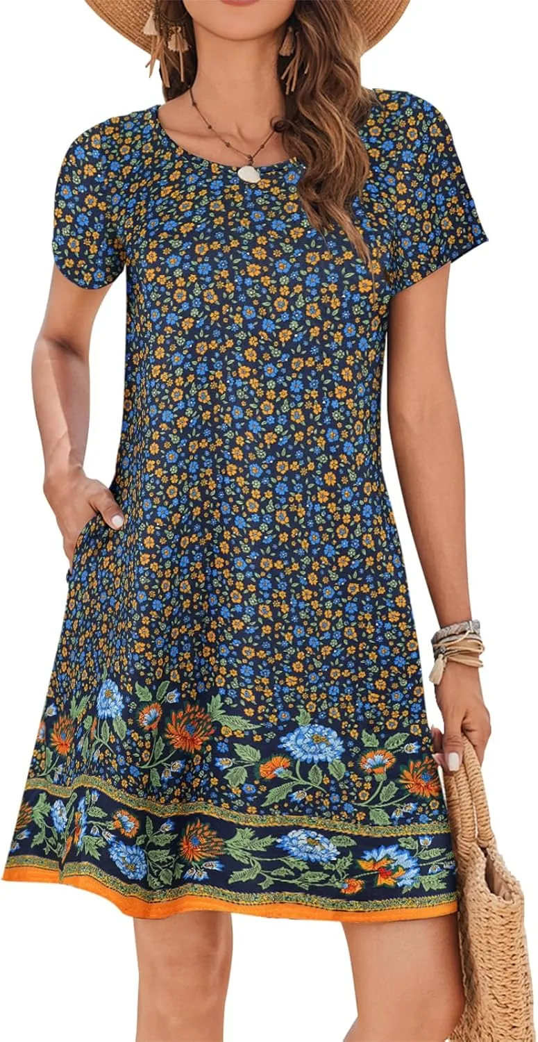 Sherosa Women's Summer Dresses 2025 Beach Boho Sundress Short Sleeve Loose Casual Tshirt Dress with Pockets