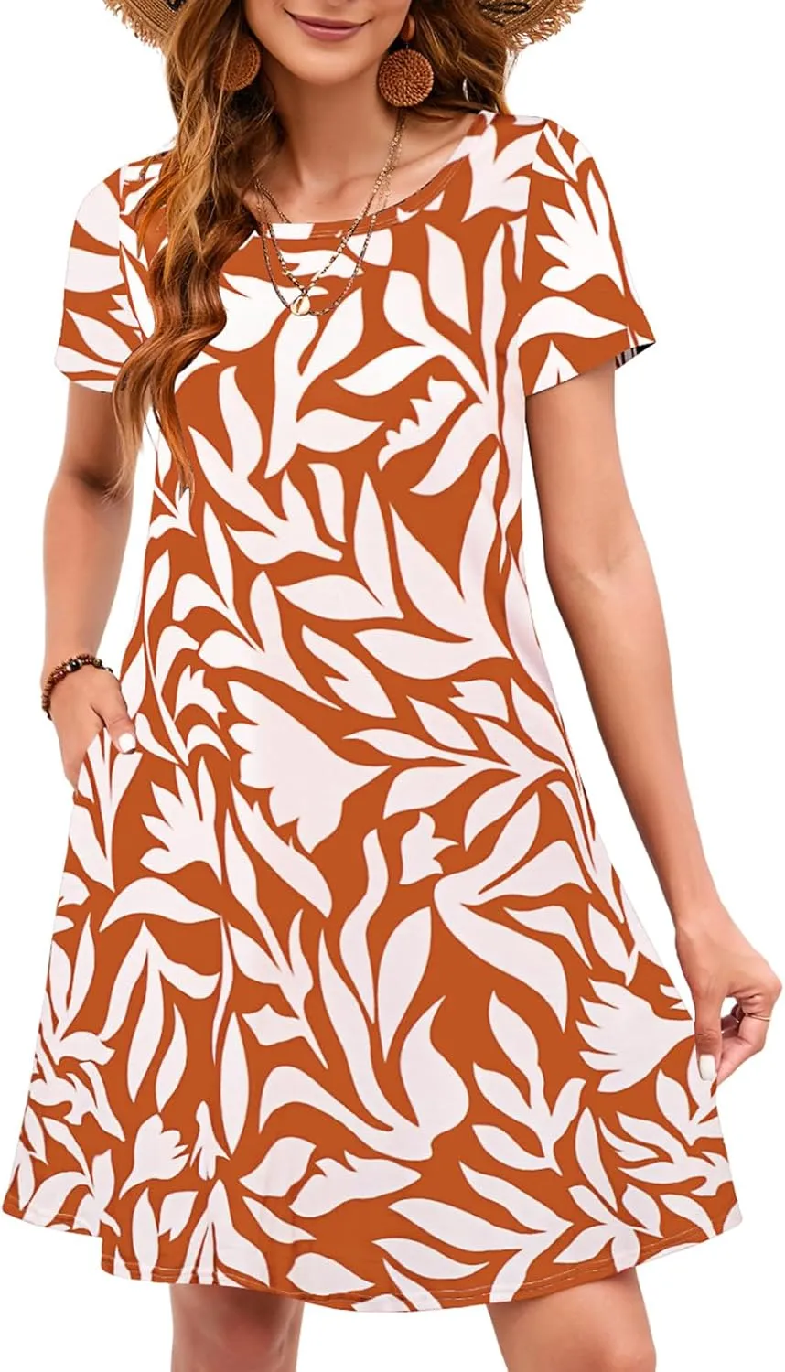 Sherosa Women's Summer Dresses 2025 Beach Boho Sundress Short Sleeve Loose Casual Tshirt Dress with Pockets