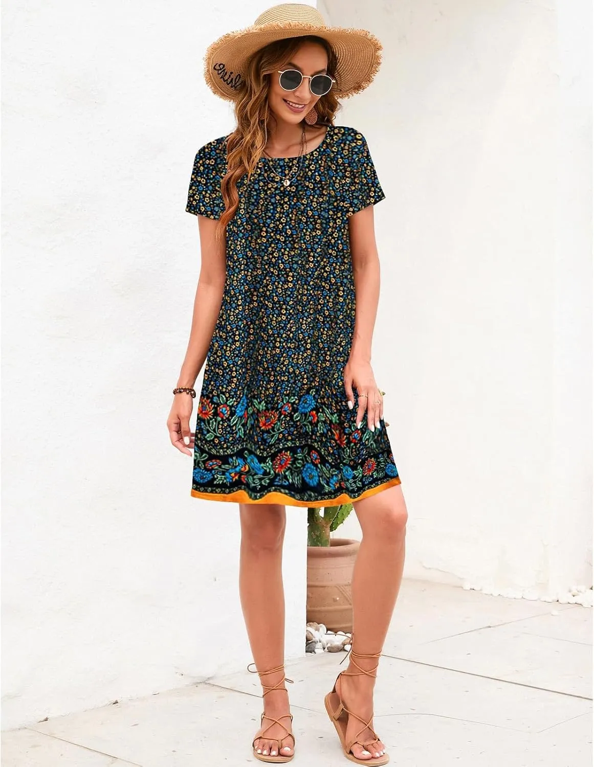 Sherosa Women's Summer Dresses 2025 Beach Boho Sundress Short Sleeve Loose Casual Tshirt Dress with Pockets
