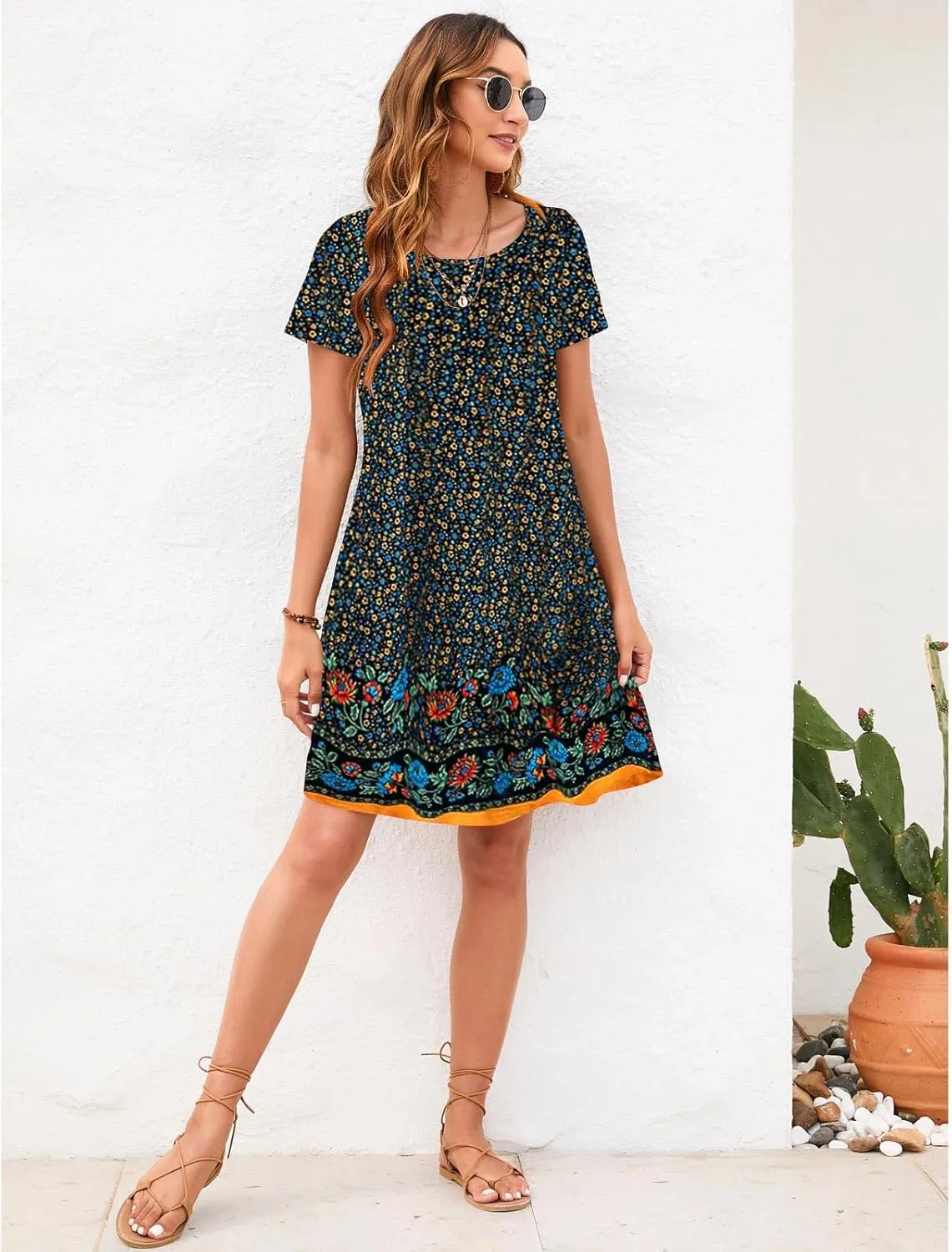 Sherosa Women's Summer Dresses 2025 Beach Boho Sundress Short Sleeve Loose Casual Tshirt Dress with Pockets