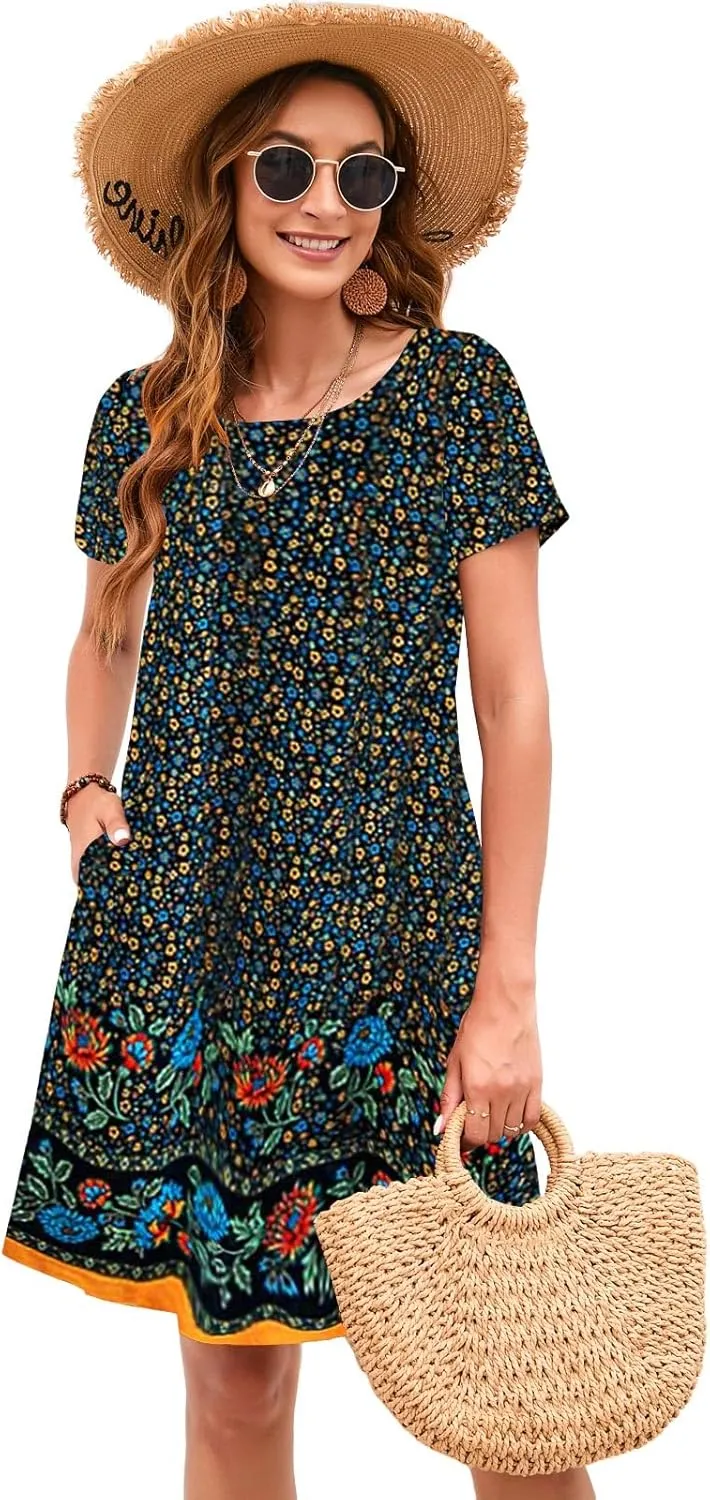Sherosa Women's Summer Dresses 2025 Beach Boho Sundress Short Sleeve Loose Casual Tshirt Dress with Pockets