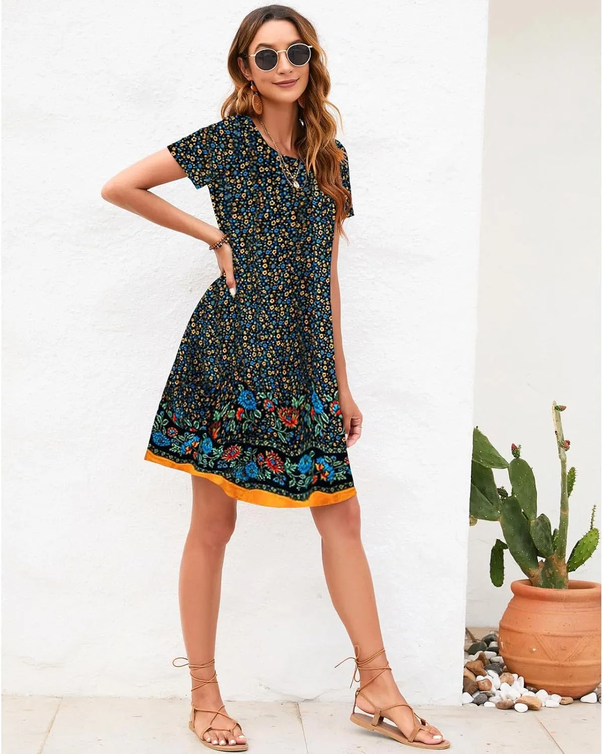 Sherosa Women's Summer Dresses 2025 Beach Boho Sundress Short Sleeve Loose Casual Tshirt Dress with Pockets