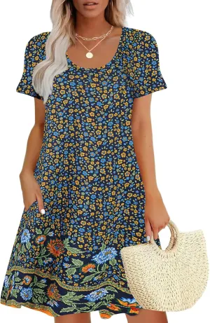 Sherosa Women's Summer Dresses 2025 Beach Boho Sundress Short Sleeve Loose Casual Tshirt Dress with Pockets