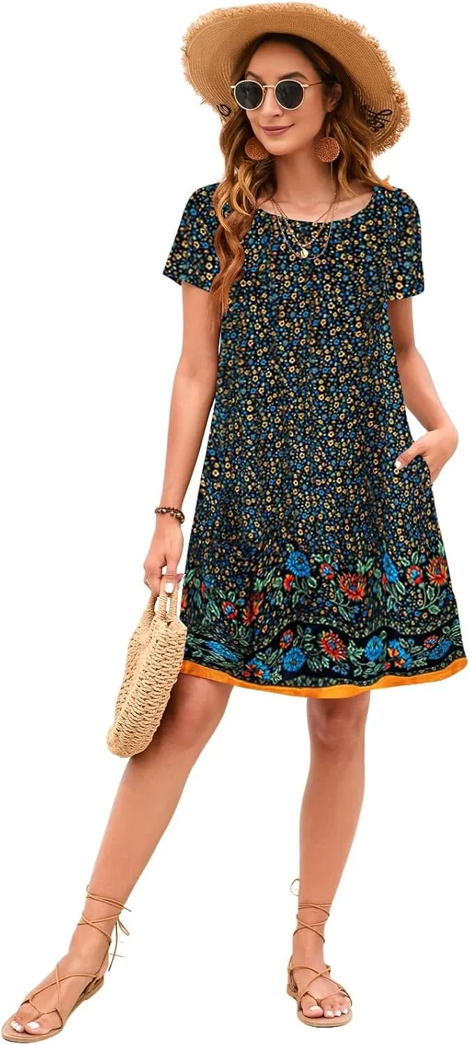 Sherosa Women's Summer Dresses 2025 Beach Boho Sundress Short Sleeve Loose Casual Tshirt Dress with Pockets