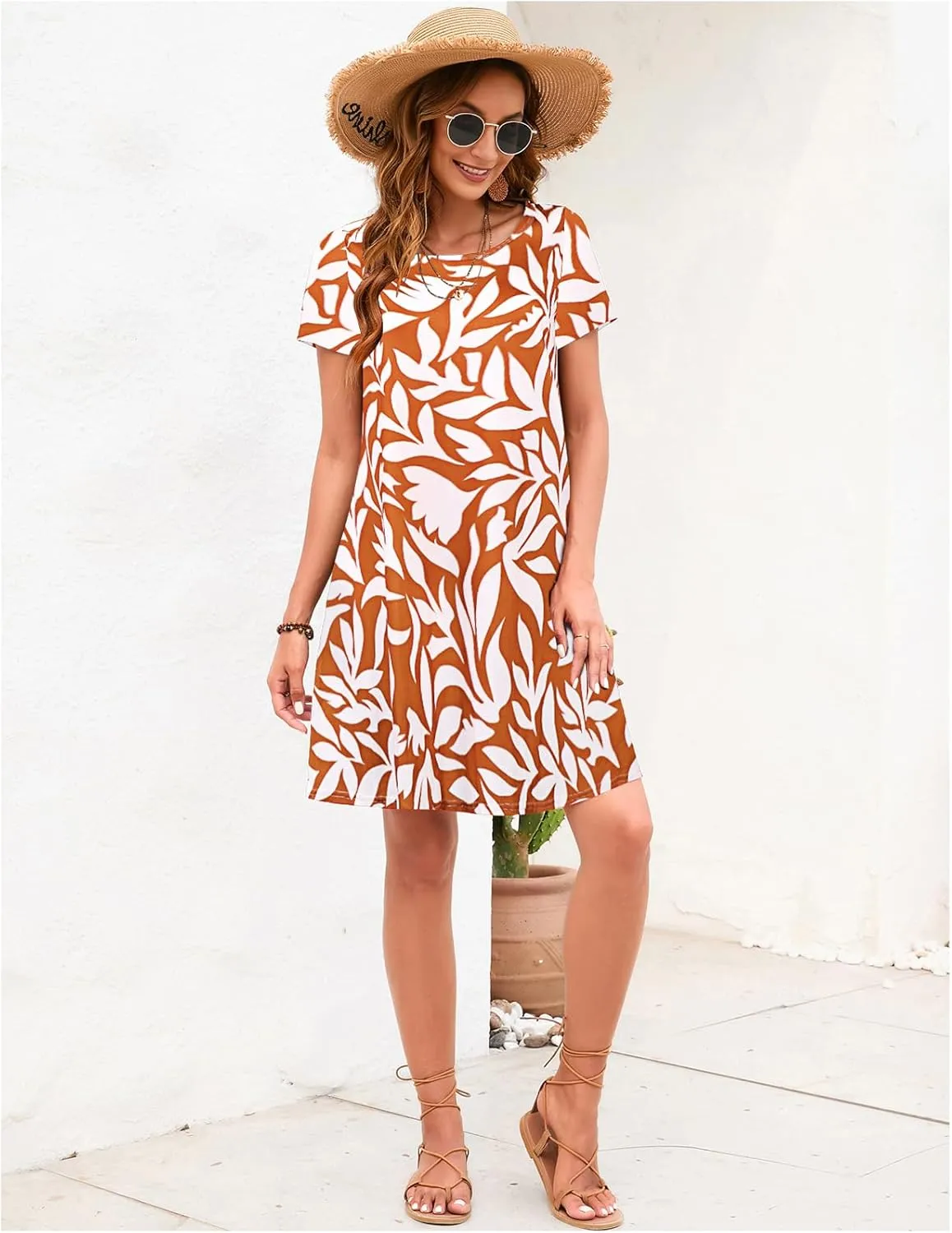 Sherosa Women's Summer Dresses 2025 Beach Boho Sundress Short Sleeve Loose Casual Tshirt Dress with Pockets
