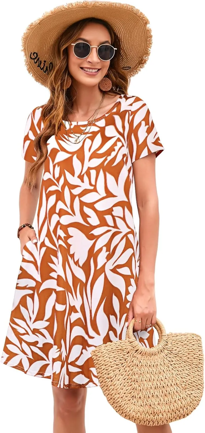 Sherosa Women's Summer Dresses 2025 Beach Boho Sundress Short Sleeve Loose Casual Tshirt Dress with Pockets