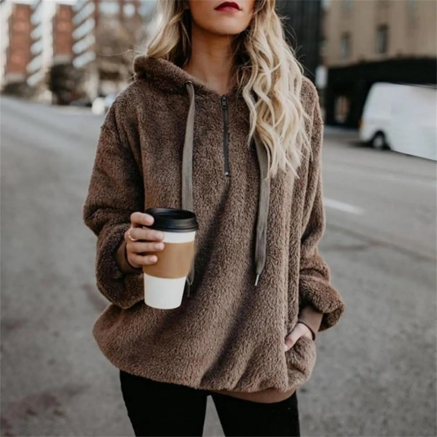 Sherpa Quarter Zip Pullover Women Oversized Trendy comfy Blanket Hoodies Y2k Loose Hooded Sweatshirt Winter Clothes