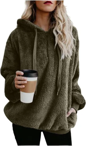 Sherpa Quarter Zip Pullover Women Oversized Trendy comfy Blanket Hoodies Y2k Loose Hooded Sweatshirt Winter Clothes