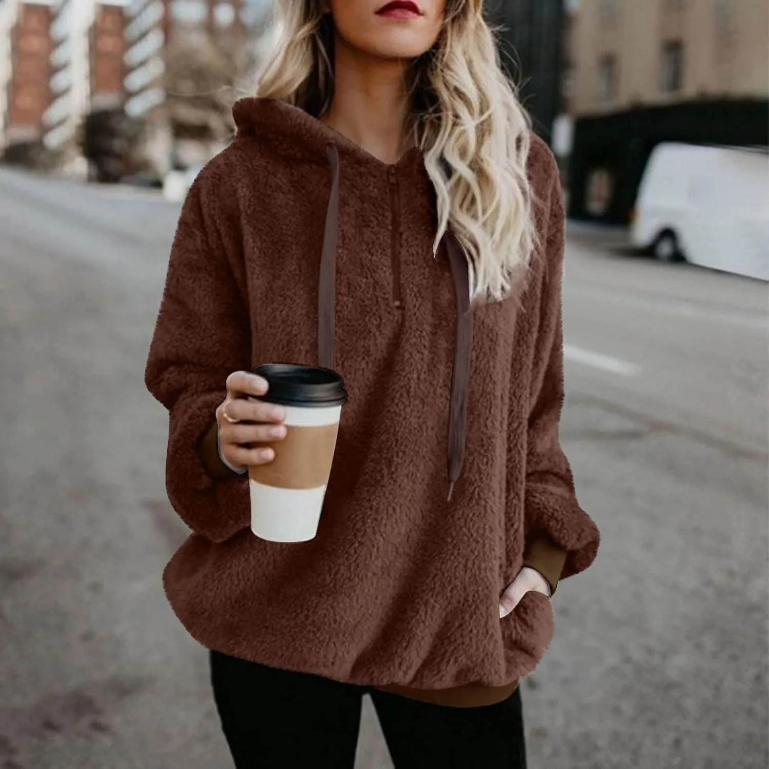 Sherpa Quarter Zip Pullover Women Oversized Trendy comfy Blanket Hoodies Y2k Loose Hooded Sweatshirt Winter Clothes