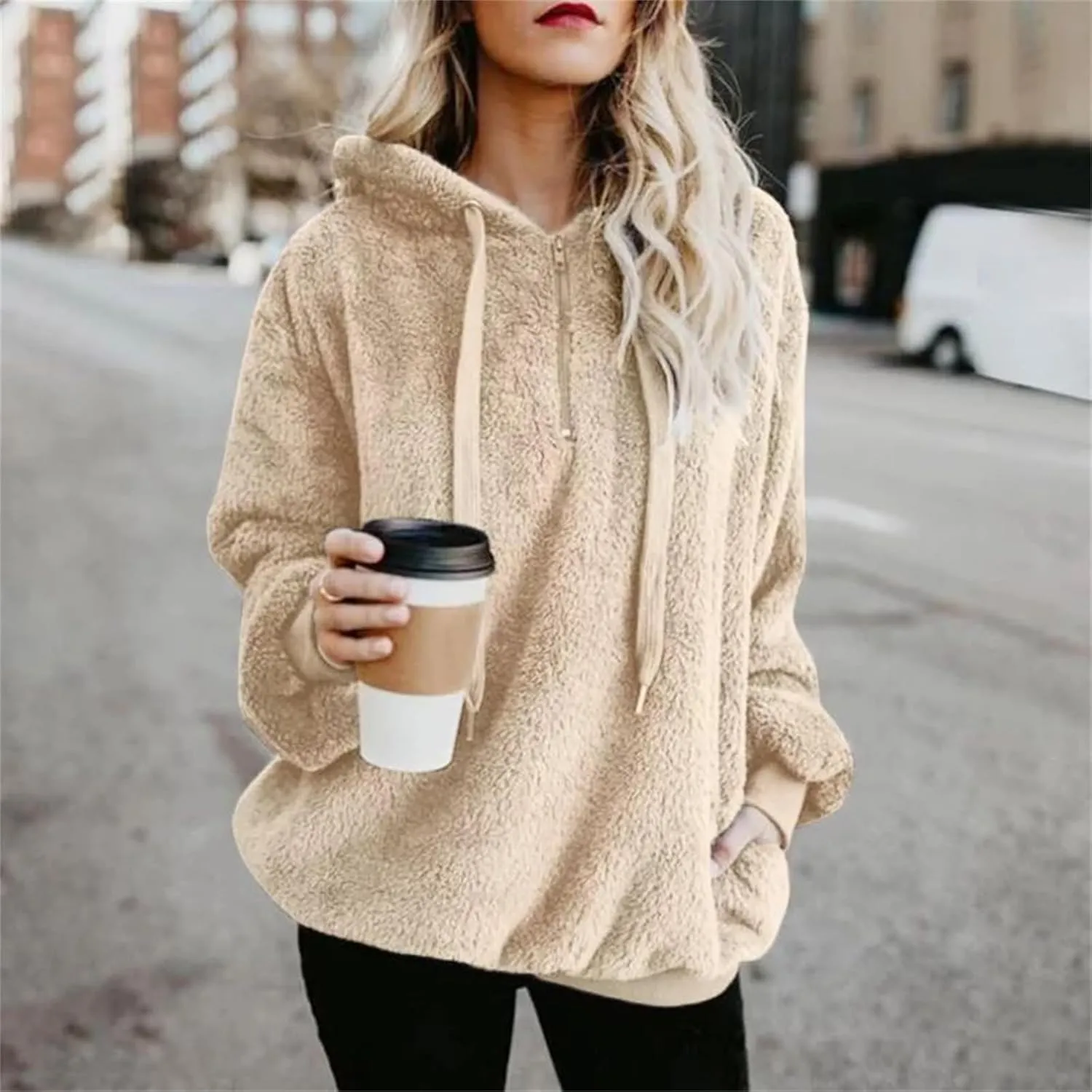 Sherpa Quarter Zip Pullover Women Oversized Trendy comfy Blanket Hoodies Y2k Loose Hooded Sweatshirt Winter Clothes