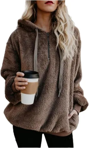 Sherpa Quarter Zip Pullover Women Oversized Trendy comfy Blanket Hoodies Y2k Loose Hooded Sweatshirt Winter Clothes