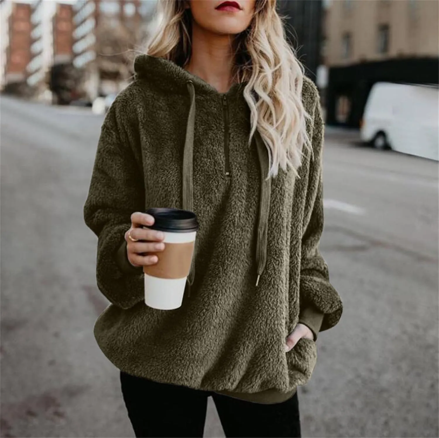 Sherpa Quarter Zip Pullover Women Oversized Trendy comfy Blanket Hoodies Y2k Loose Hooded Sweatshirt Winter Clothes