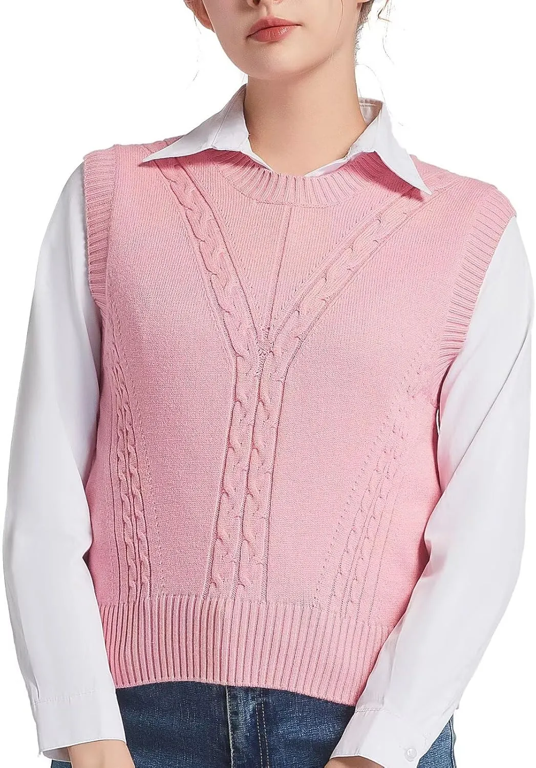 Sleeveless Sweater Vest for Women Crew Neck Cable Knit Pullover Top for Girl Casual Ribbed Solid Color