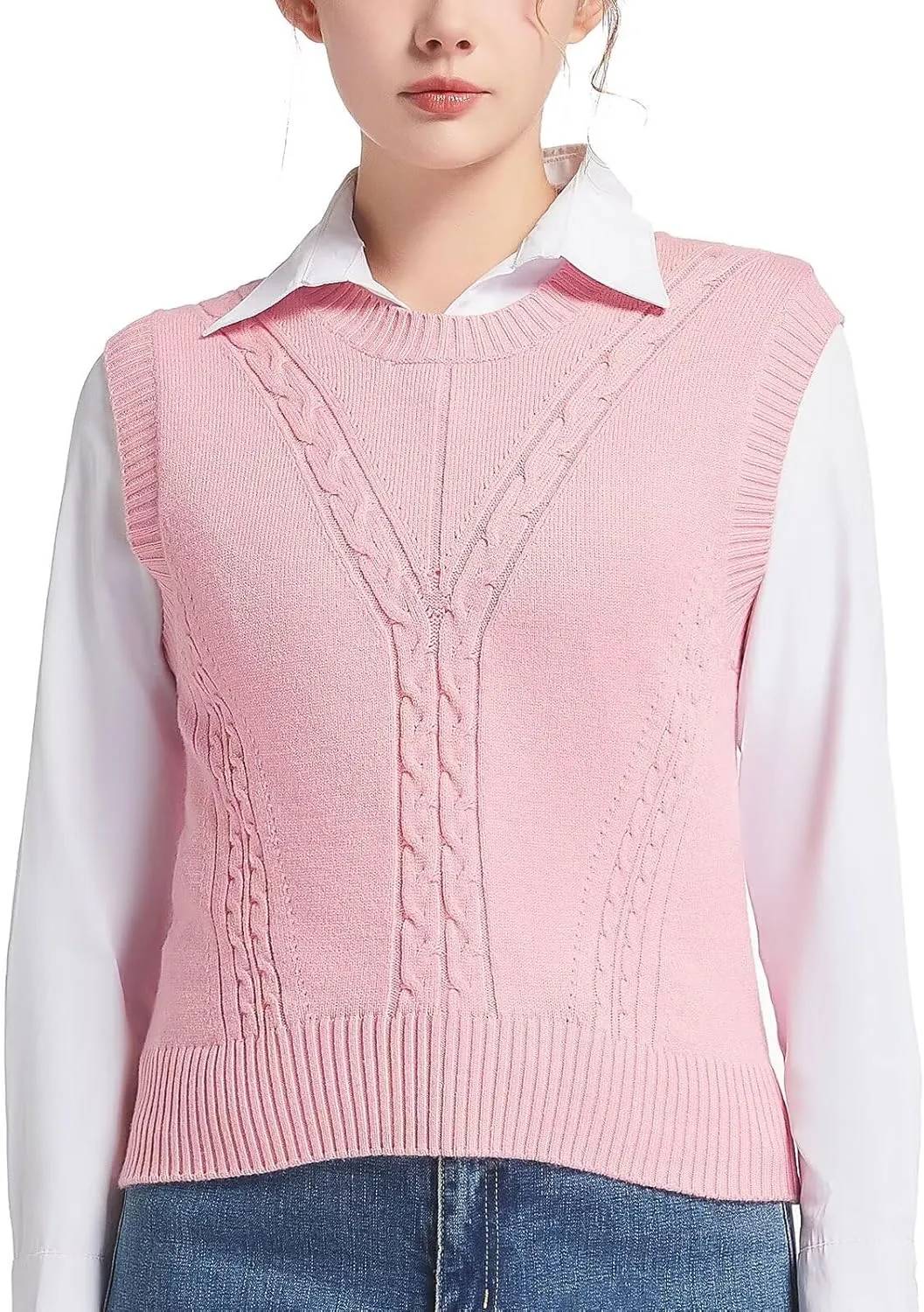 Sleeveless Sweater Vest for Women Crew Neck Cable Knit Pullover Top for Girl Casual Ribbed Solid Color