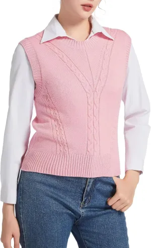 Sleeveless Sweater Vest for Women Crew Neck Cable Knit Pullover Top for Girl Casual Ribbed Solid Color