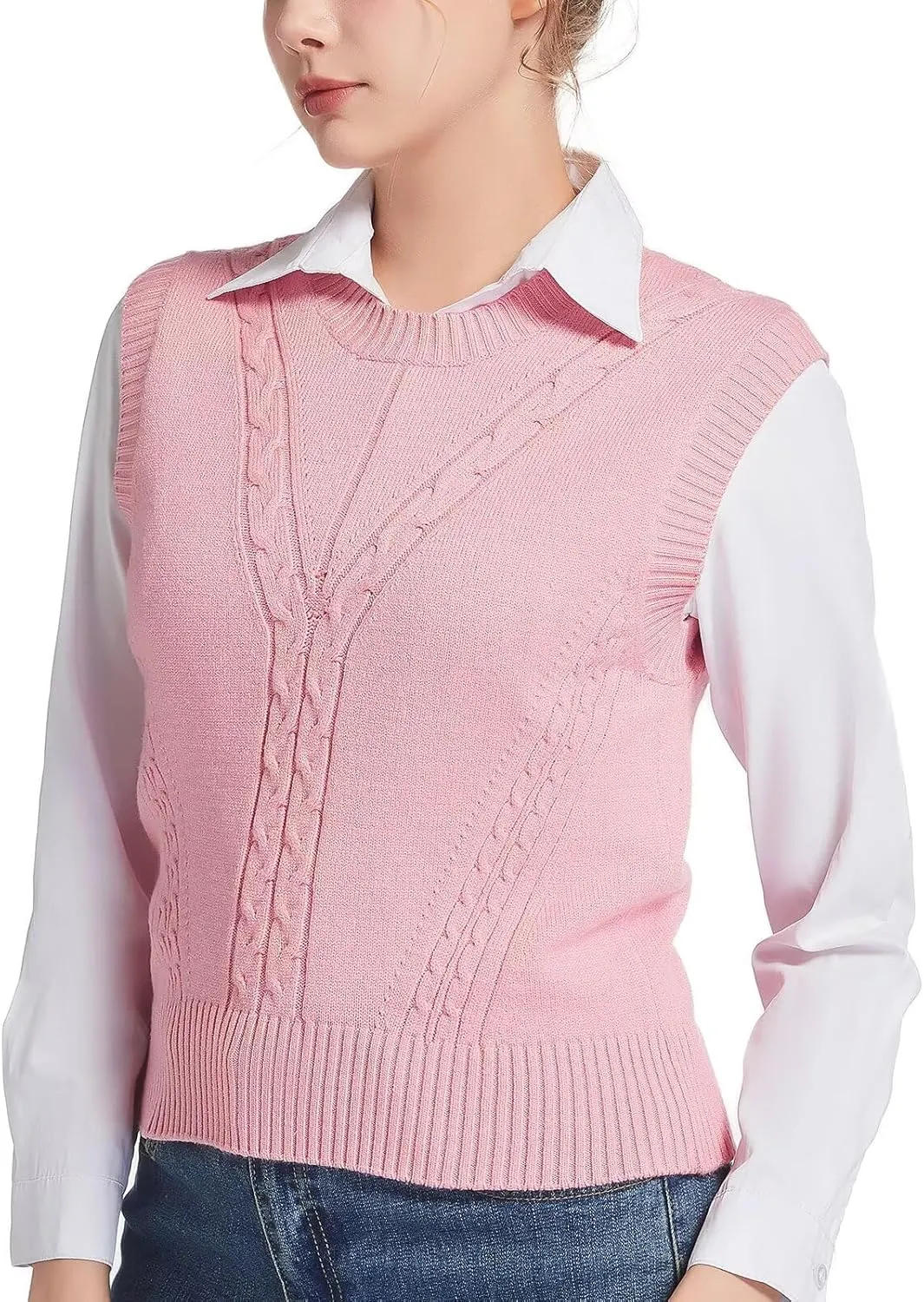 Sleeveless Sweater Vest for Women Crew Neck Cable Knit Pullover Top for Girl Casual Ribbed Solid Color