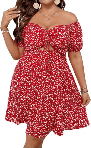 SOLY HUX Women's Plus Size Summer Dresses Off Shoulder Floral Print Short Sleeve Cut Out Tie Front A Line Short Dresses