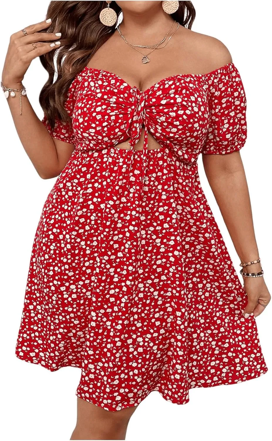 SOLY HUX Women's Plus Size Summer Dresses Off Shoulder Floral Print Short Sleeve Cut Out Tie Front A Line Short Dresses