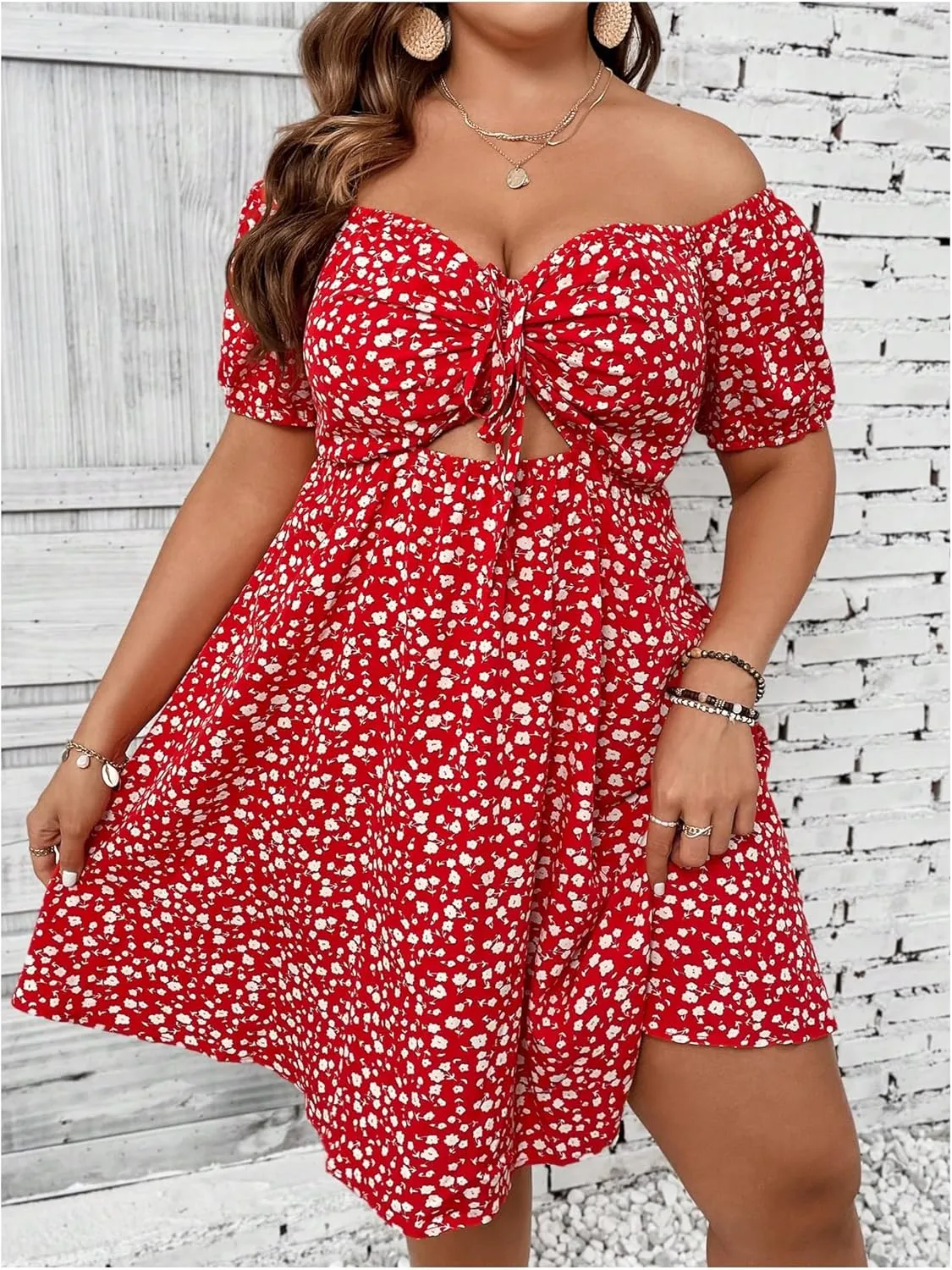 SOLY HUX Women's Plus Size Summer Dresses Off Shoulder Floral Print Short Sleeve Cut Out Tie Front A Line Short Dresses