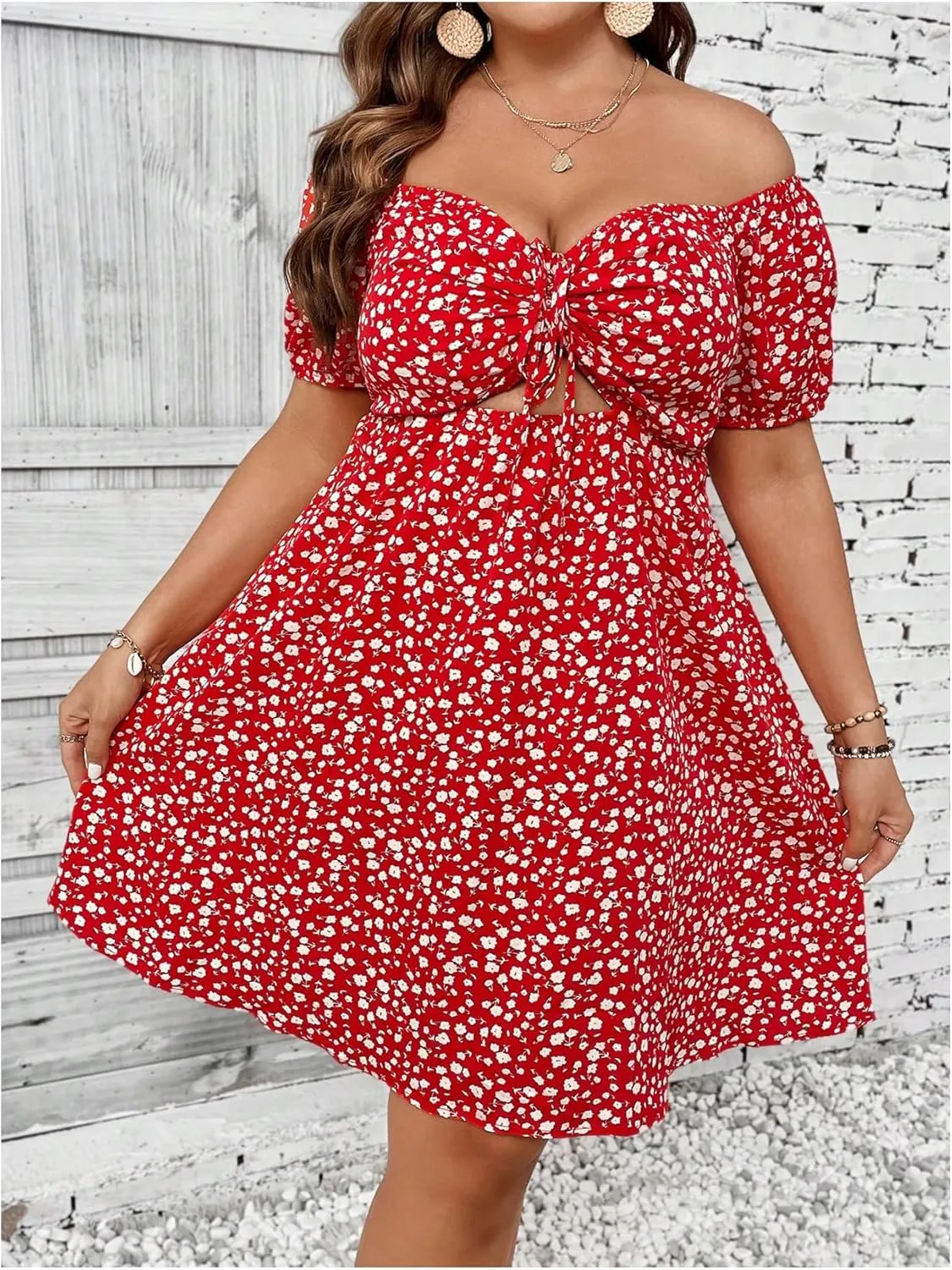 SOLY HUX Women's Plus Size Summer Dresses Off Shoulder Floral Print Short Sleeve Cut Out Tie Front A Line Short Dresses