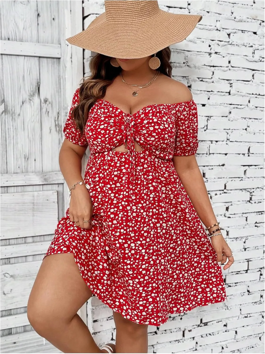 SOLY HUX Women's Plus Size Summer Dresses Off Shoulder Floral Print Short Sleeve Cut Out Tie Front A Line Short Dresses