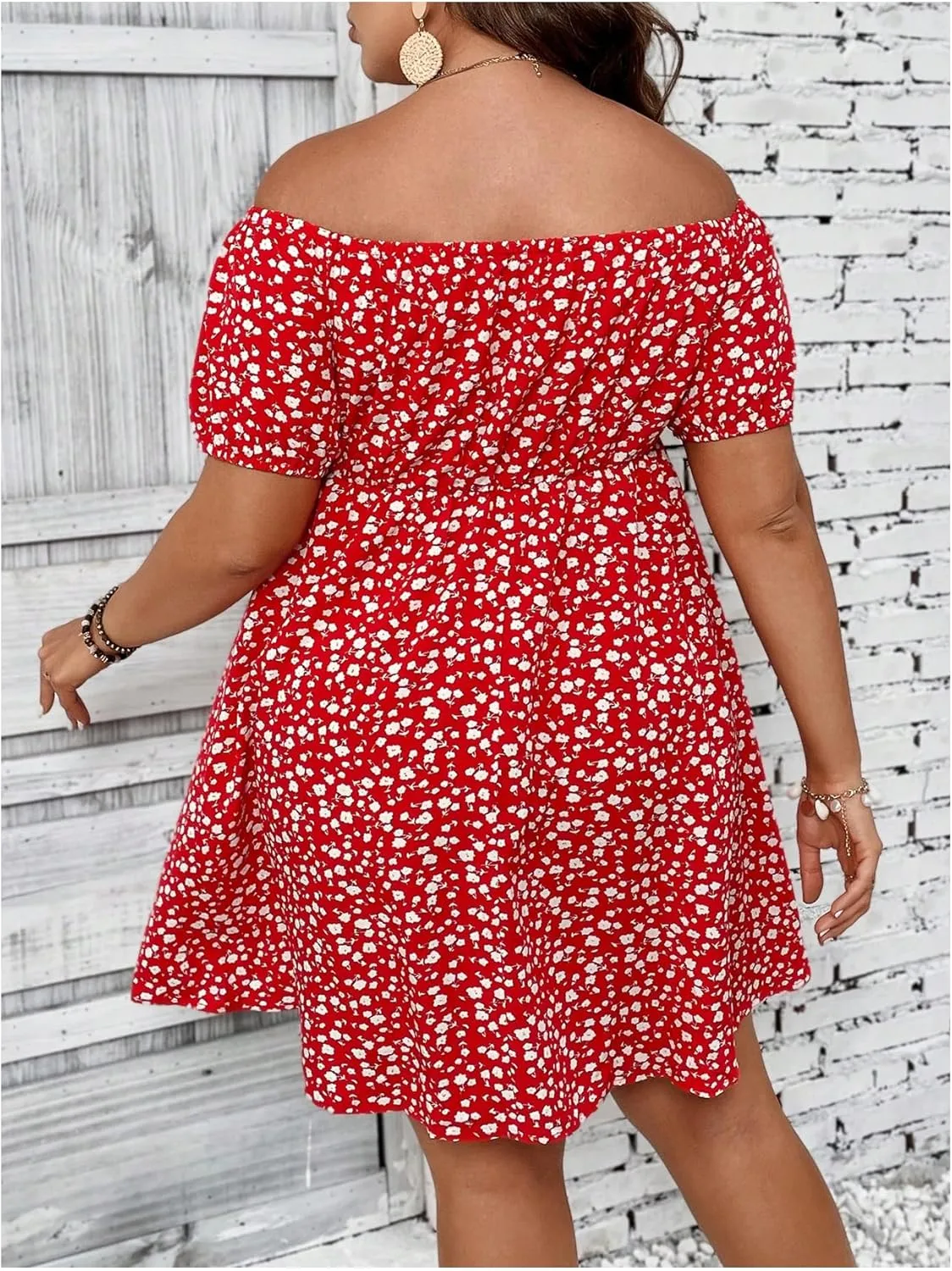 SOLY HUX Women's Plus Size Summer Dresses Off Shoulder Floral Print Short Sleeve Cut Out Tie Front A Line Short Dresses