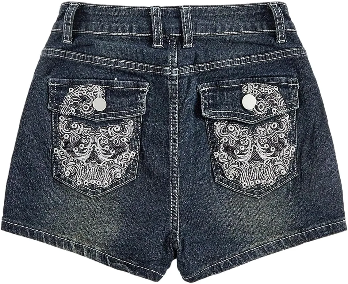 SOLY HUX Women's Y2k Denim Shorts Grunge Punk Low Waist Skinny Mini Jean Shorts Streetwear