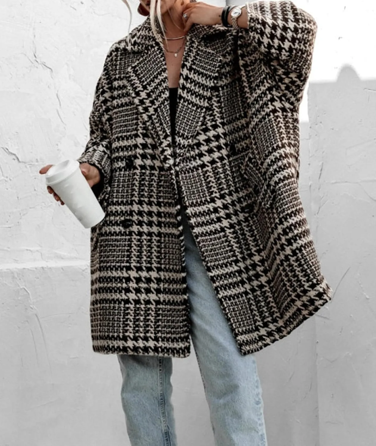 SOMTHRON Women's Houndstooth Trench Coat Double Breasted Notched Lapel Loose Mid Long Winter Pea Coat Overcoat