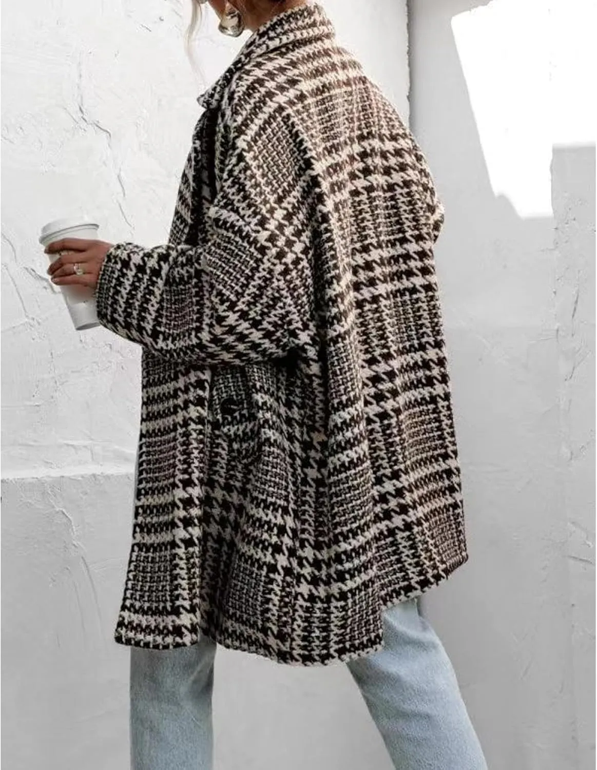 SOMTHRON Women's Houndstooth Trench Coat Double Breasted Notched Lapel Loose Mid Long Winter Pea Coat Overcoat