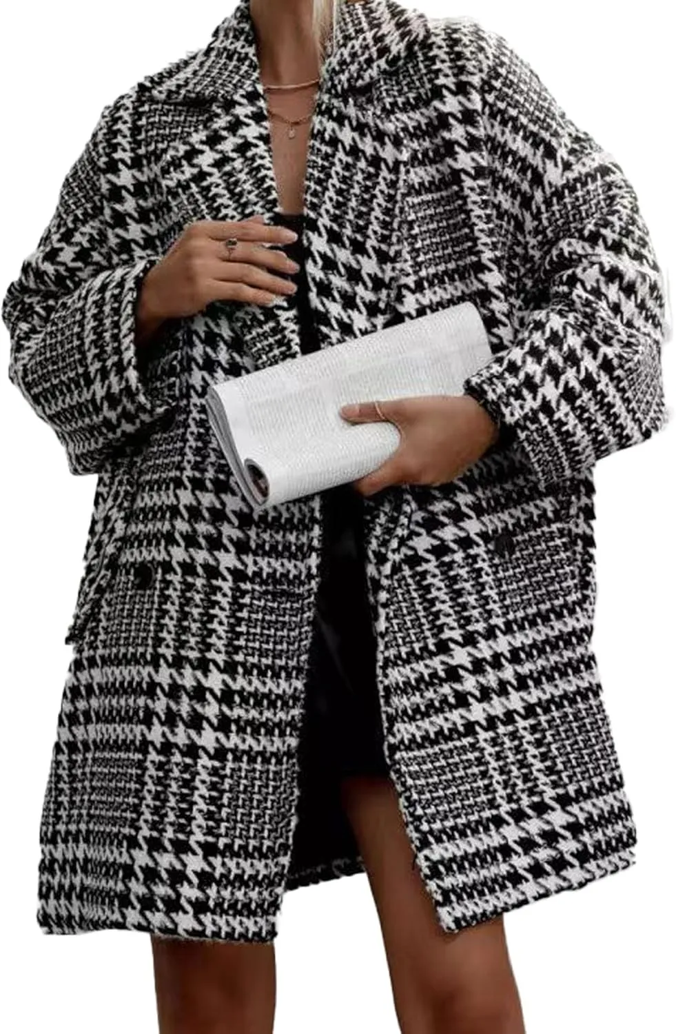 SOMTHRON Women's Houndstooth Trench Coat Double Breasted Notched Lapel Loose Mid Long Winter Pea Coat Overcoat