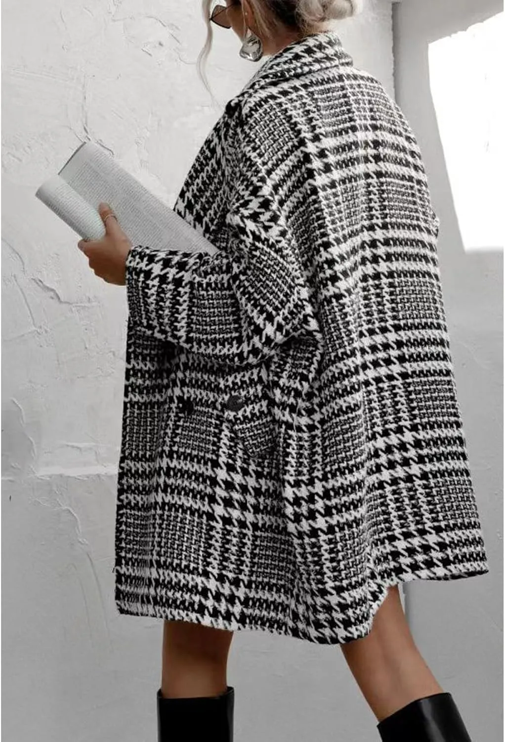 SOMTHRON Women's Houndstooth Trench Coat Double Breasted Notched Lapel Loose Mid Long Winter Pea Coat Overcoat