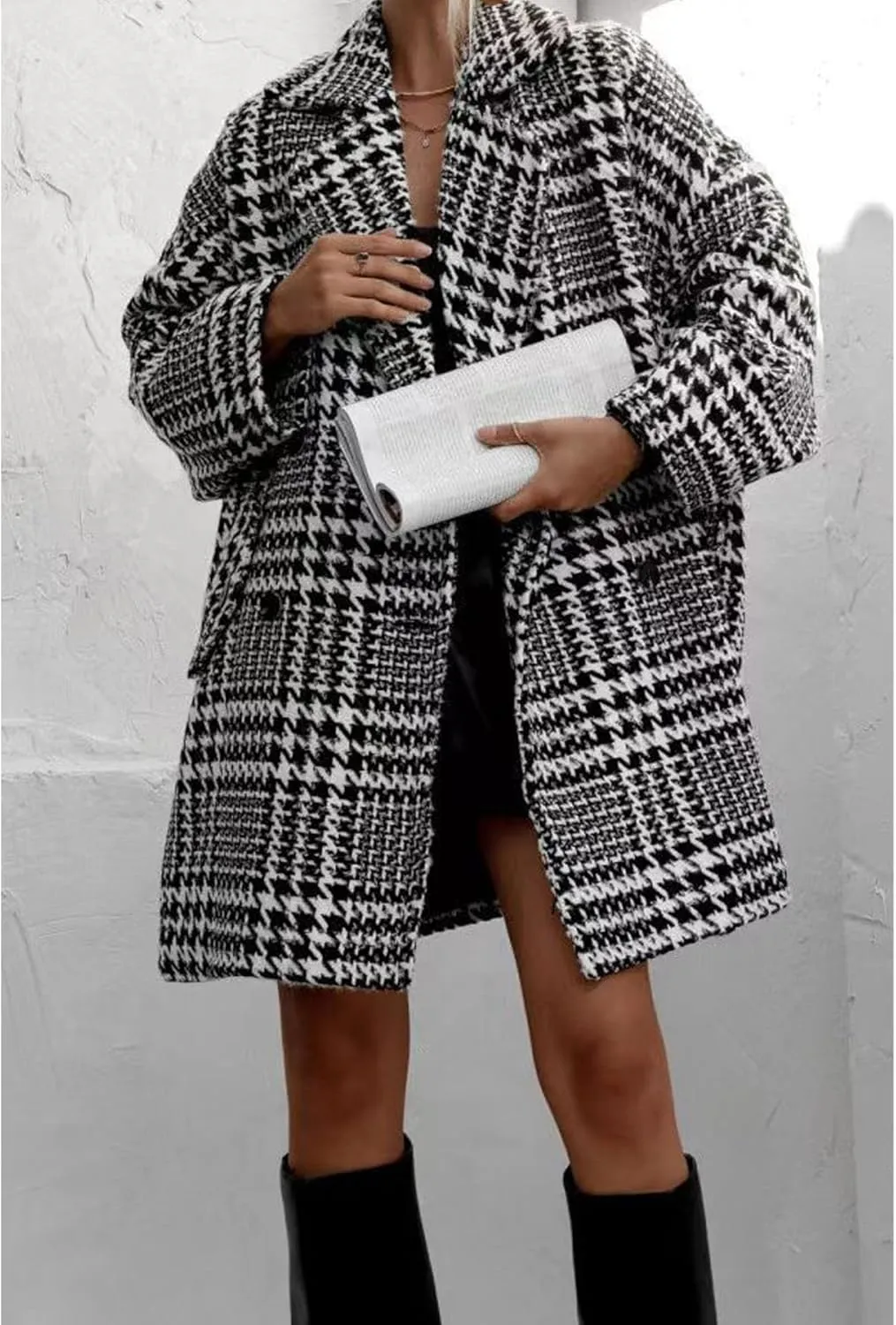 SOMTHRON Women's Houndstooth Trench Coat Double Breasted Notched Lapel Loose Mid Long Winter Pea Coat Overcoat