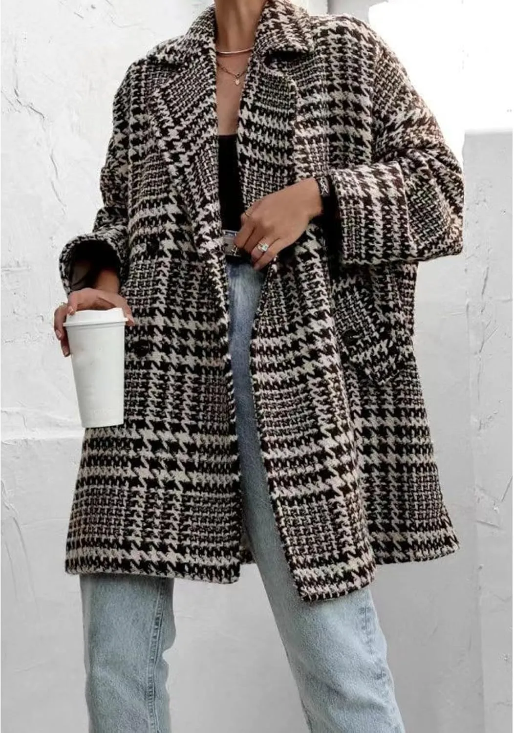 SOMTHRON Women's Houndstooth Trench Coat Double Breasted Notched Lapel Loose Mid Long Winter Pea Coat Overcoat