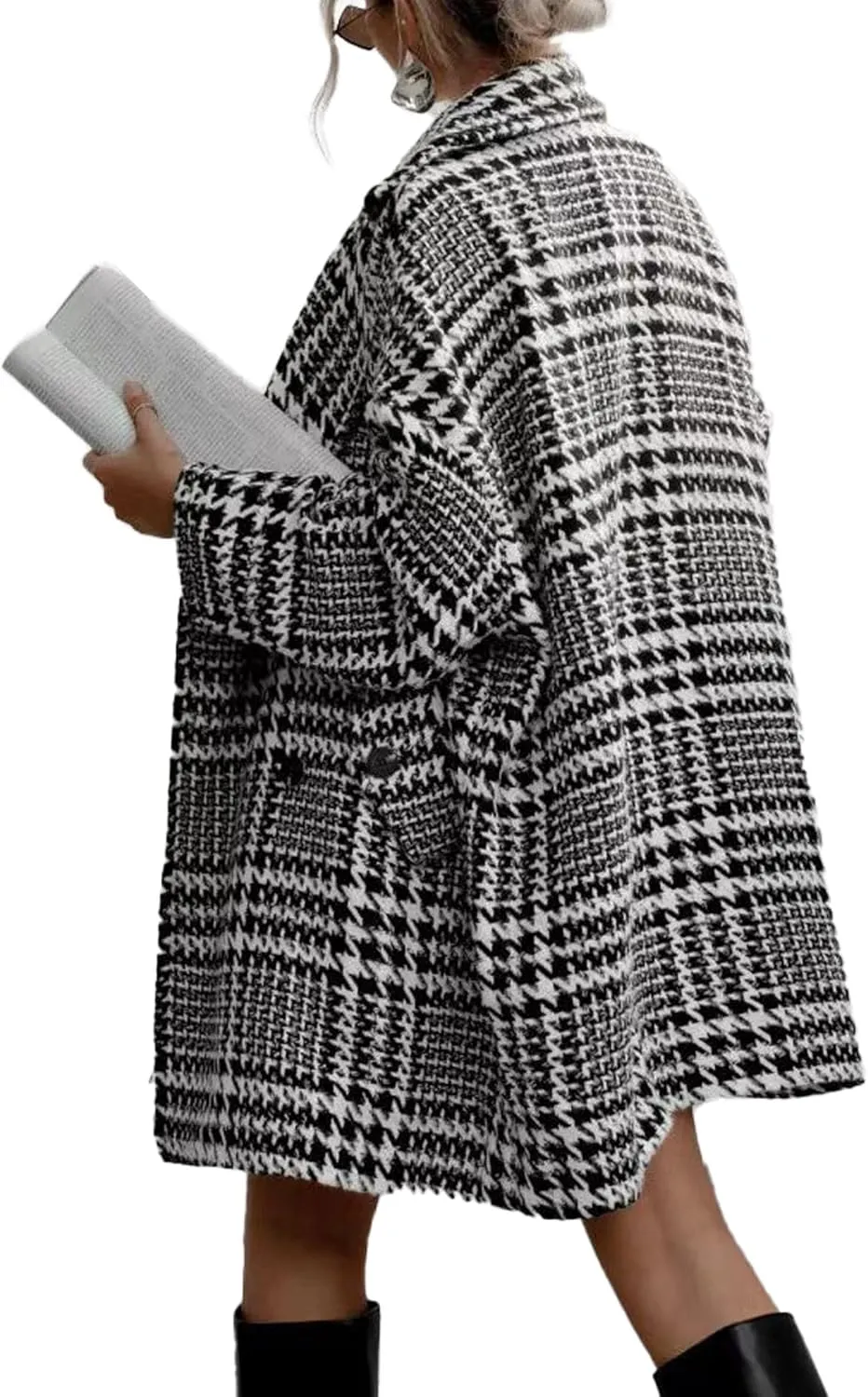 SOMTHRON Women's Houndstooth Trench Coat Double Breasted Notched Lapel Loose Mid Long Winter Pea Coat Overcoat