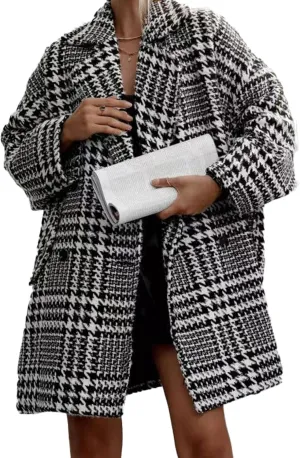 SOMTHRON Women's Houndstooth Trench Coat Double Breasted Notched Lapel Loose Mid Long Winter Pea Coat Overcoat