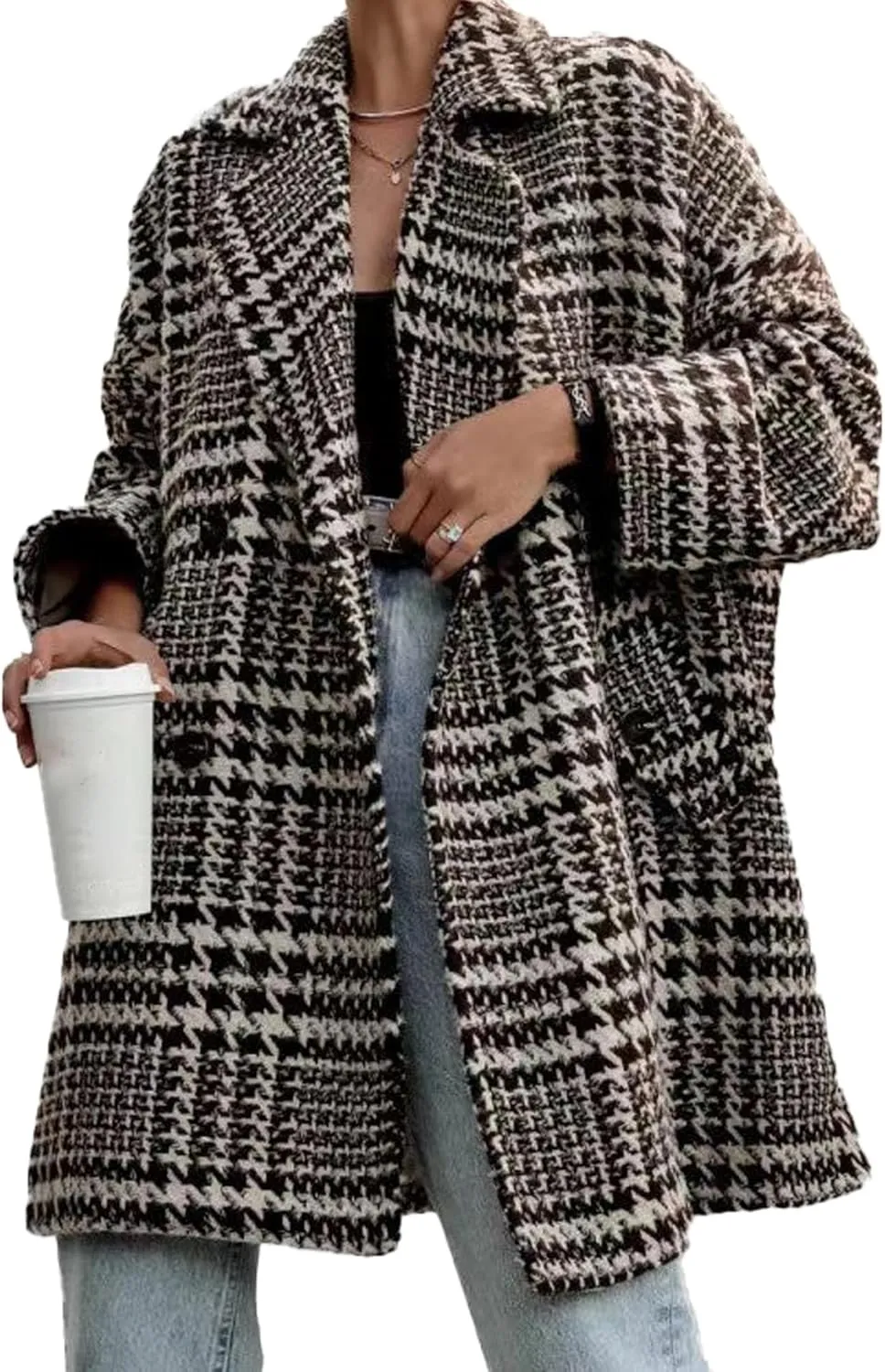 SOMTHRON Women's Houndstooth Trench Coat Double Breasted Notched Lapel Loose Mid Long Winter Pea Coat Overcoat