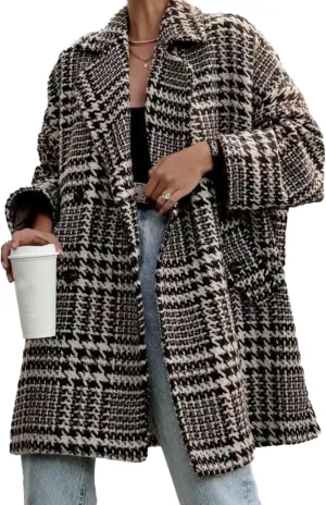SOMTHRON Women's Houndstooth Trench Coat Double Breasted Notched Lapel Loose Mid Long Winter Pea Coat Overcoat
