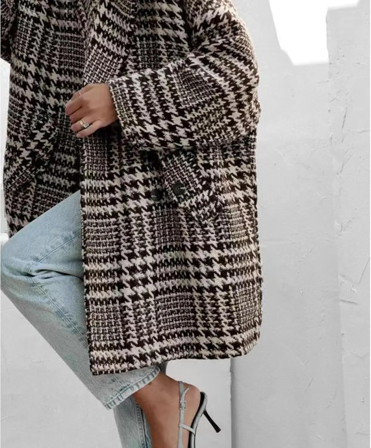 SOMTHRON Women's Houndstooth Trench Coat Double Breasted Notched Lapel Loose Mid Long Winter Pea Coat Overcoat