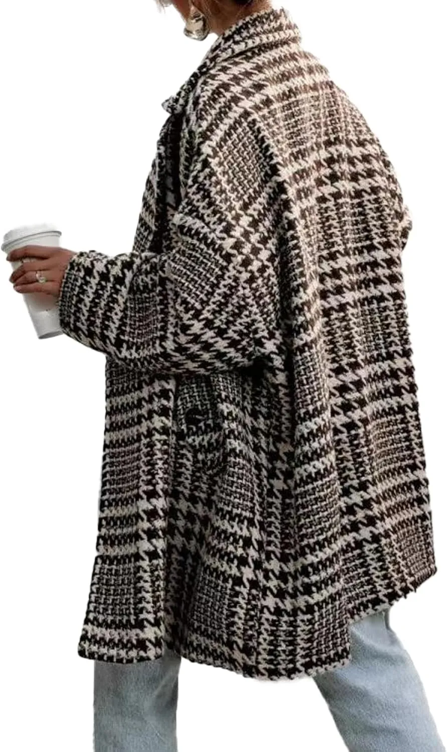 SOMTHRON Women's Houndstooth Trench Coat Double Breasted Notched Lapel Loose Mid Long Winter Pea Coat Overcoat