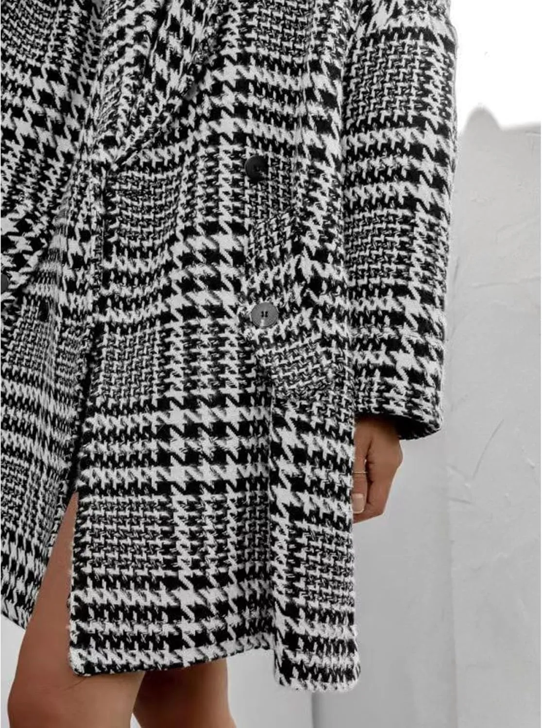 SOMTHRON Women's Houndstooth Trench Coat Double Breasted Notched Lapel Loose Mid Long Winter Pea Coat Overcoat