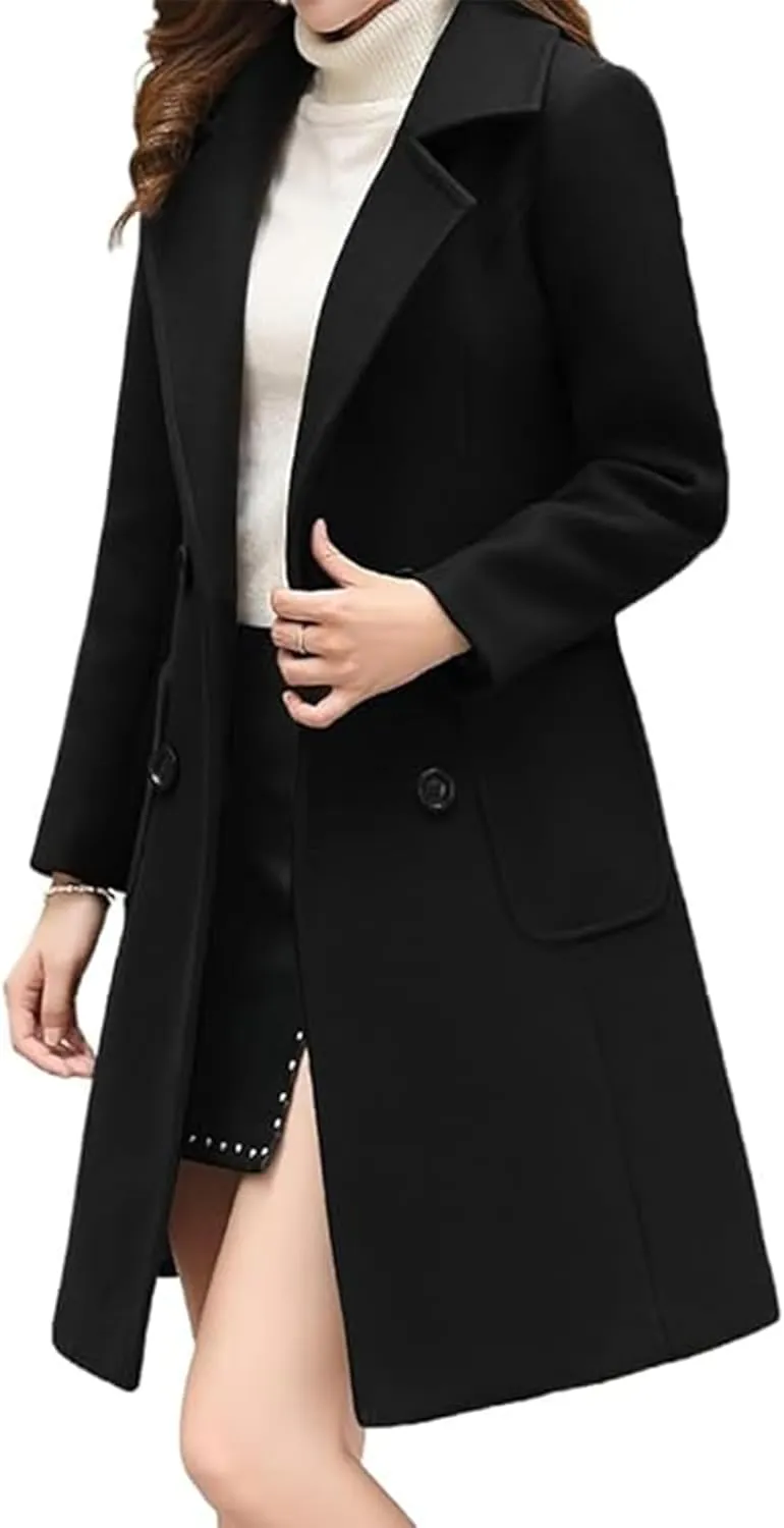 SOMTHRON Women's Winter Wool Blend Mid Long Pea Coat Double Breasted Notched Lapel Overcoat Jacket Outwear