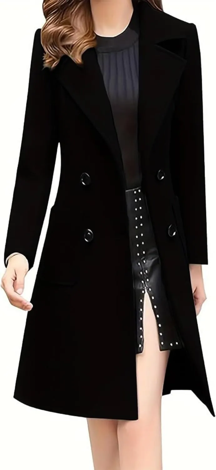 SOMTHRON Women's Winter Wool Blend Mid Long Pea Coat Double Breasted Notched Lapel Overcoat Jacket Outwear