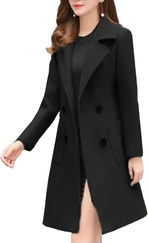 SOMTHRON Women's Winter Wool Blend Mid Long Pea Coat Double Breasted Notched Lapel Overcoat Jacket Outwear
