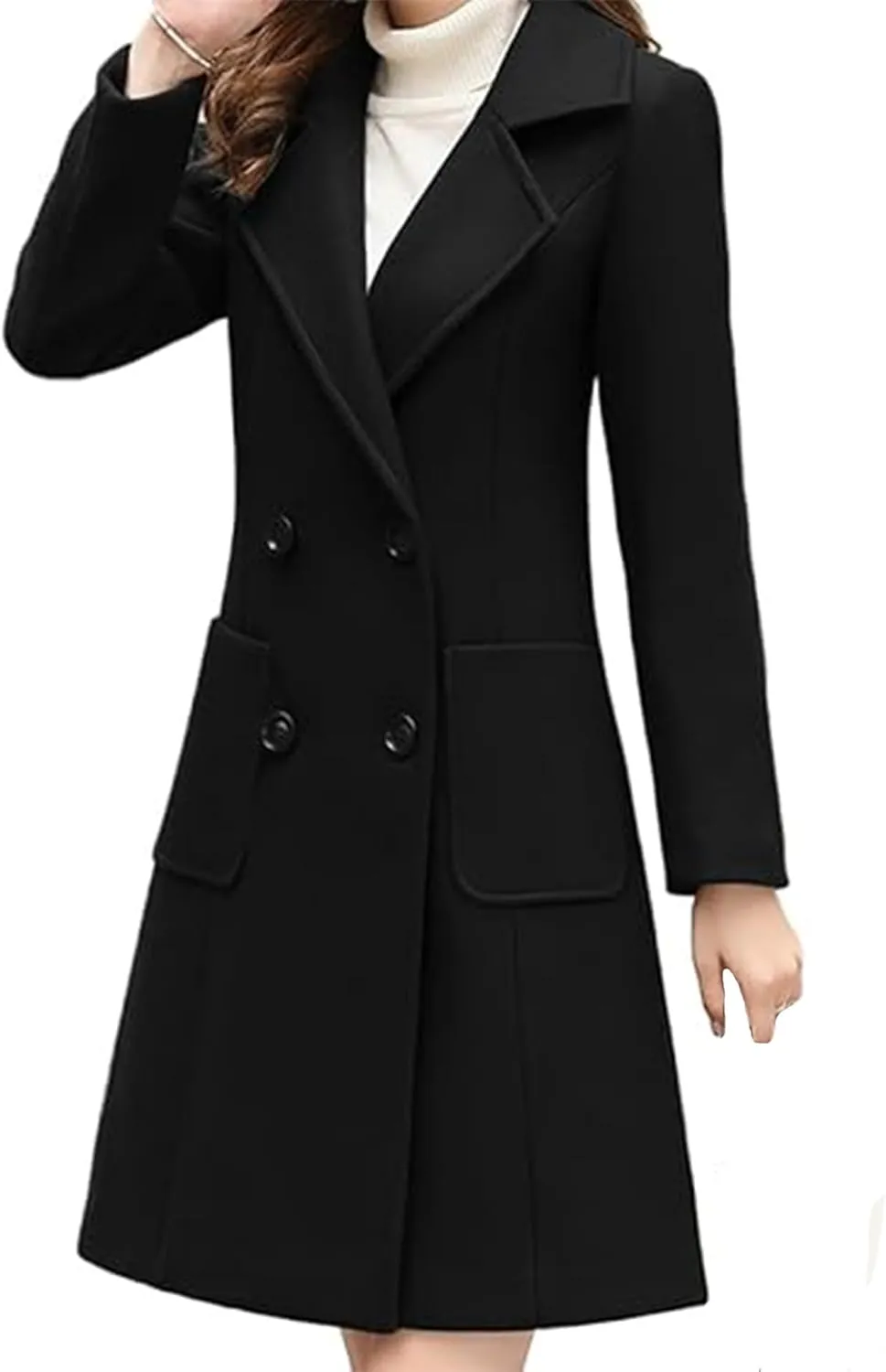SOMTHRON Women's Winter Wool Blend Mid Long Pea Coat Double Breasted Notched Lapel Overcoat Jacket Outwear