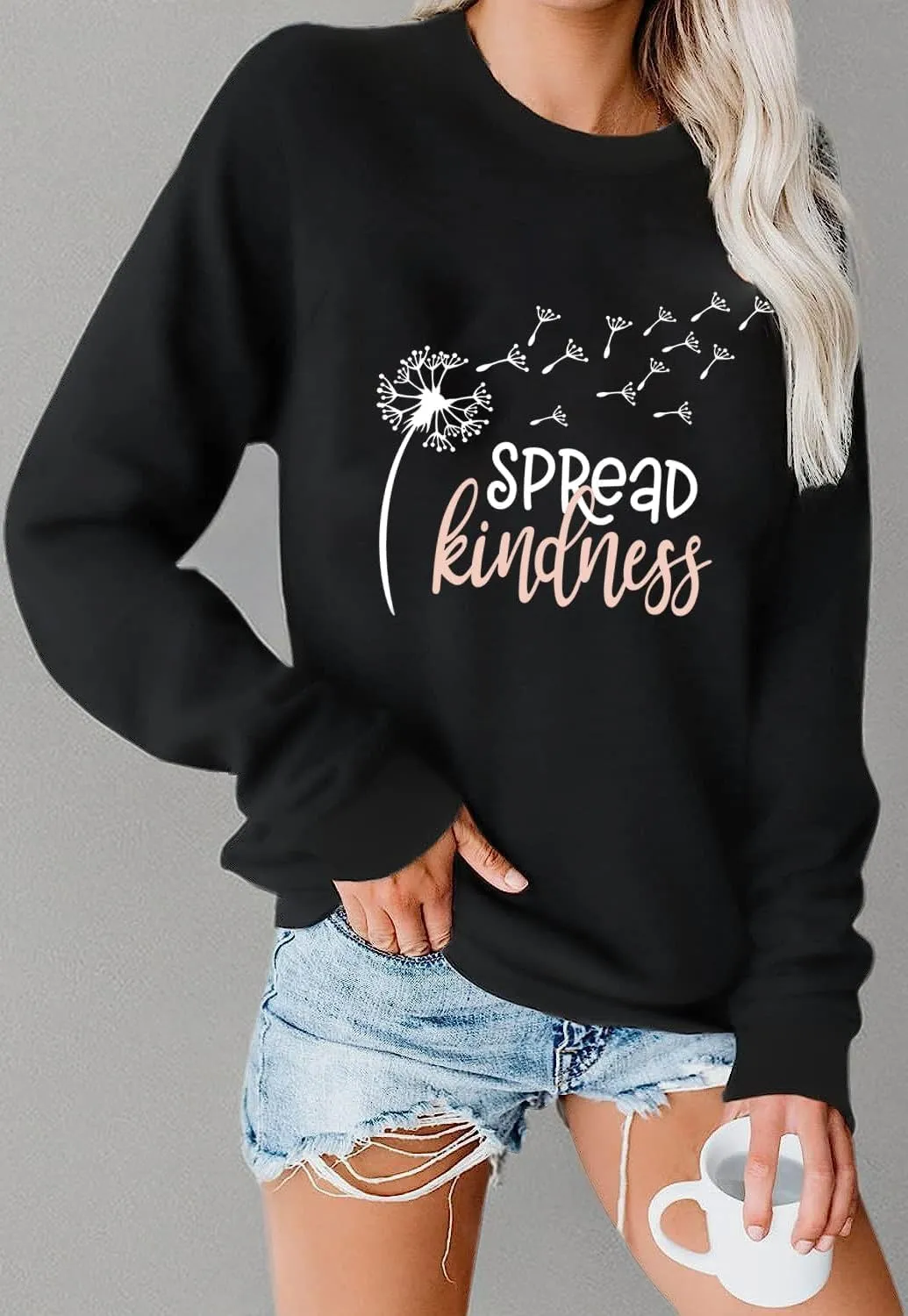 Spread Kindness Women T-Shirt Sweatshirt Dandelion Pattern Casual Shirt Funny Words Letter Print Lovely Round Neck Top