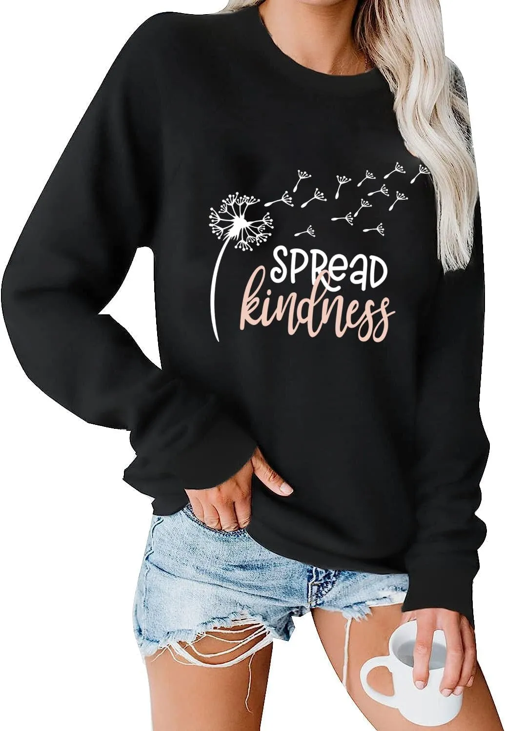 Spread Kindness Women T-Shirt Sweatshirt Dandelion Pattern Casual Shirt Funny Words Letter Print Lovely Round Neck Top