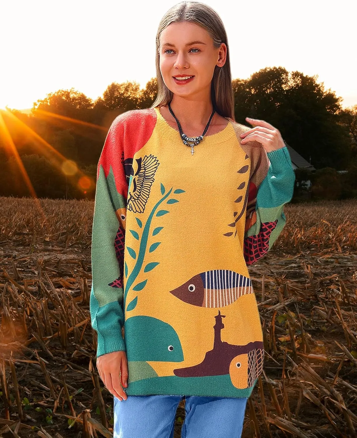 Spring Sweaters for Women 2025 Plus Size Crewneck Lightweigh Pullover Sweaters Graphic Printed Knit Trendy Tops