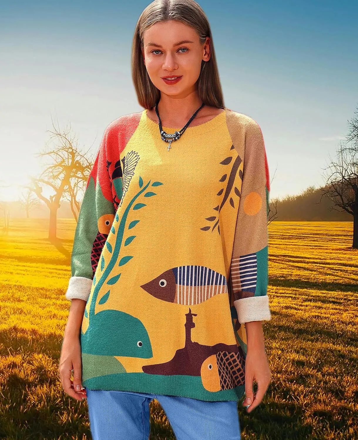 Spring Sweaters for Women 2025 Plus Size Crewneck Lightweigh Pullover Sweaters Graphic Printed Knit Trendy Tops